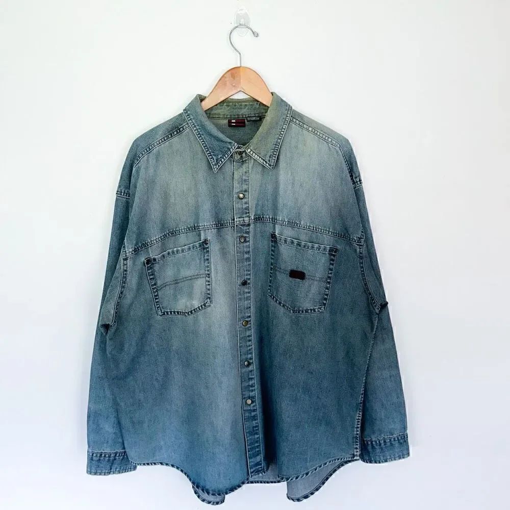 Bugle Boy Vintage Distressed Faded Collared Denim Button Down Shacket